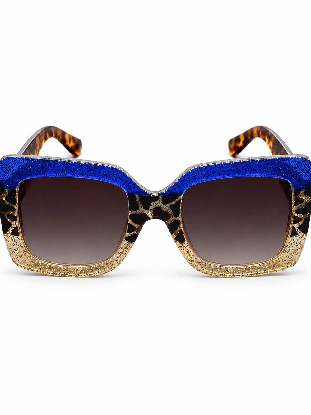 Free People Oversized Blue & Gold Glitter Square Sunglasses Tortoise Arms